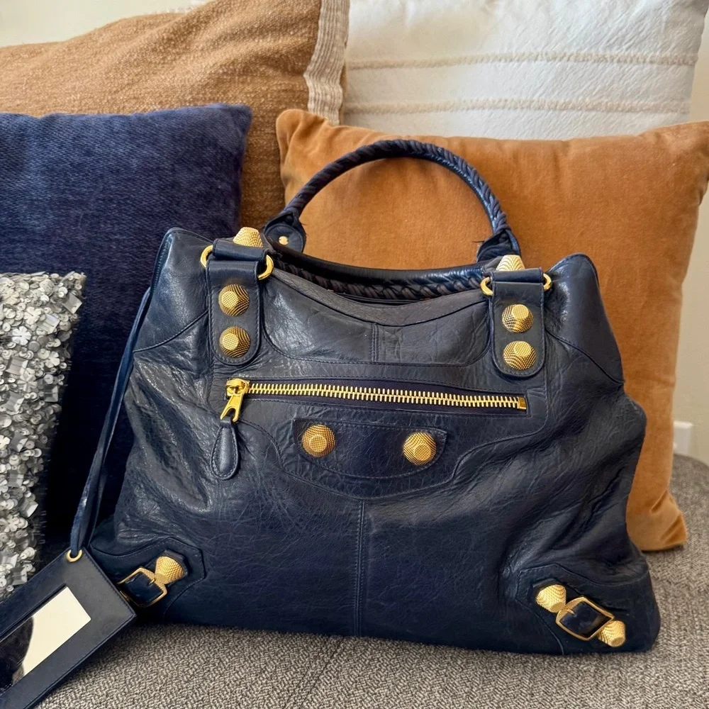 Vintage Balenciaga Marine Blue Leather Giant 21 Gold Brief Bag